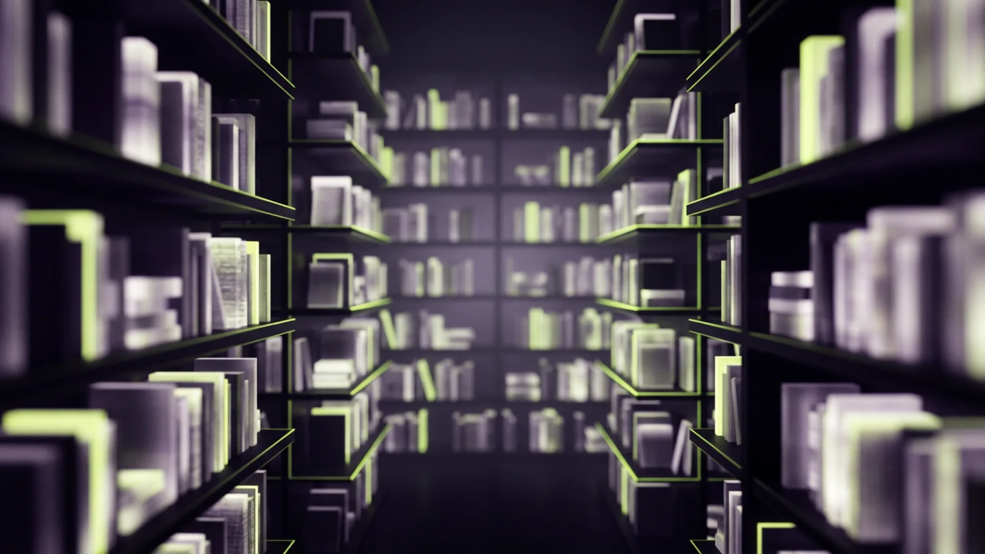 Abstrakcyjna biblioteka materiałów edukacyjnych jako tło hero strony Materiały, 1920×1080 px, do wygenerowania