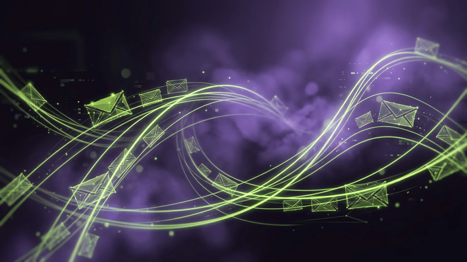 Abstrakcyjna wizualizacja połączenia i trasy wiadomości, tło hero strony kontakt, 1920×1080 px, do wygenerowania