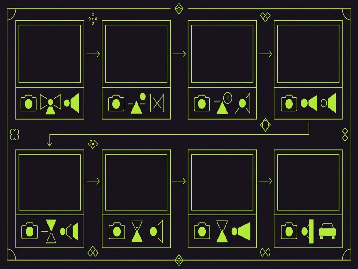 Schemat sekwencji zdjęć i notatek po zdarzeniu drogowym, ilustracja edukacyjna, format 1200×900 px, do wygenerowania